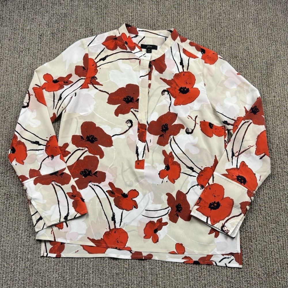 J Crew Womens XS Silk Popover Blouse Ivory Poppy Floral Long Sleeve Artsy Preppy